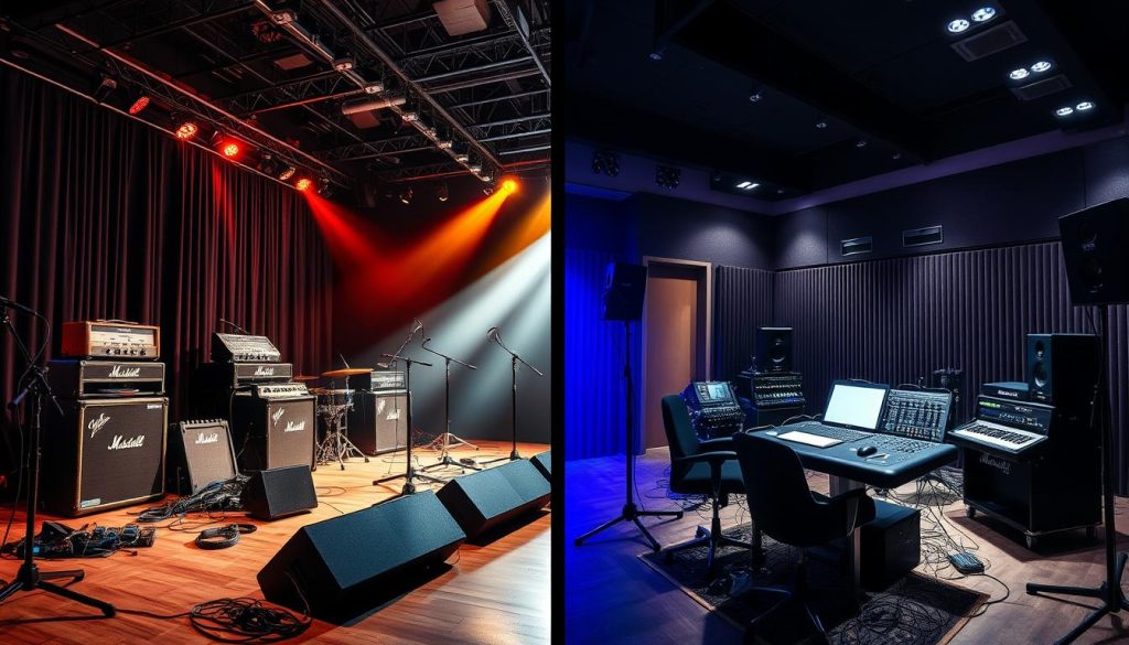 Perbandingan setup alat musik band lengkap di panggung dan di studio Perbandingan setup alat musik band lengkap di panggung dan di studio